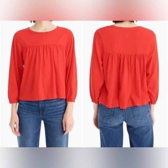 NWT J. CREW Cropped Drapey Popover 3/4 Sleeve Shirt- Poppy Red/Size XS - Picture 4 of 6